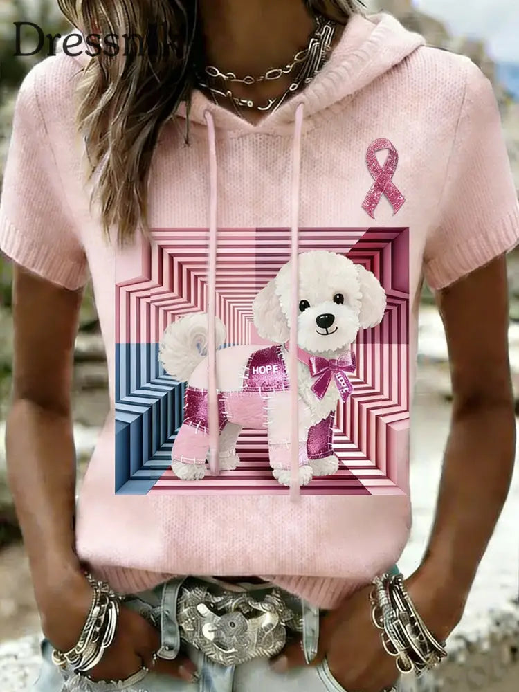 Frauen Retro niedliches Hund Brustkrebs Bewusstsein lässig Kapuzen T-Shirt Rosa / S