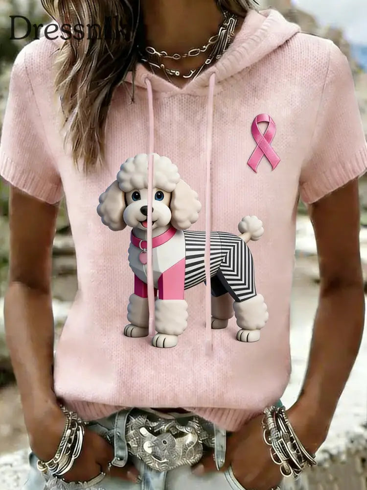 Frauen Retro niedliches Hund Brustkrebs Bewusstsein lässig Kapuzen T-Shirt Rosa / S