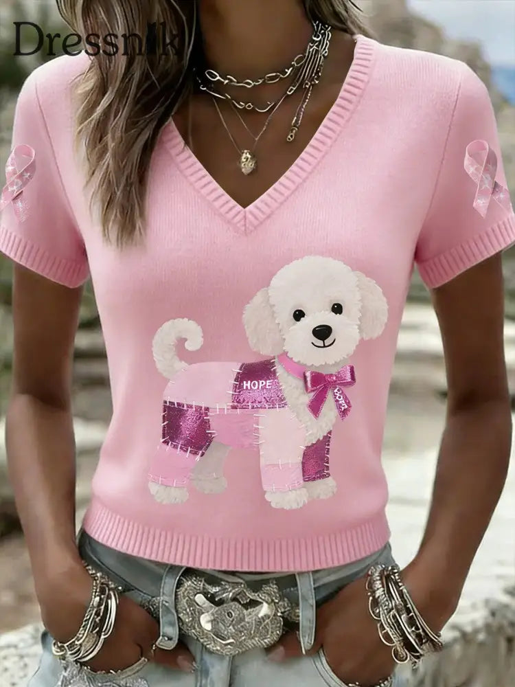 Frauen Retro niedliches Welpen-Brustkrebs-Bewusstsein lässig Kurzarm-Strick-T-Shirt Rosa / S