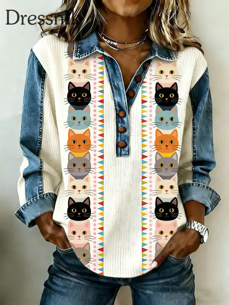 Frauen-Retro-süßer mehrfarbiger Jeans-Patchwork-Top mit Katzenmuster Beige / S