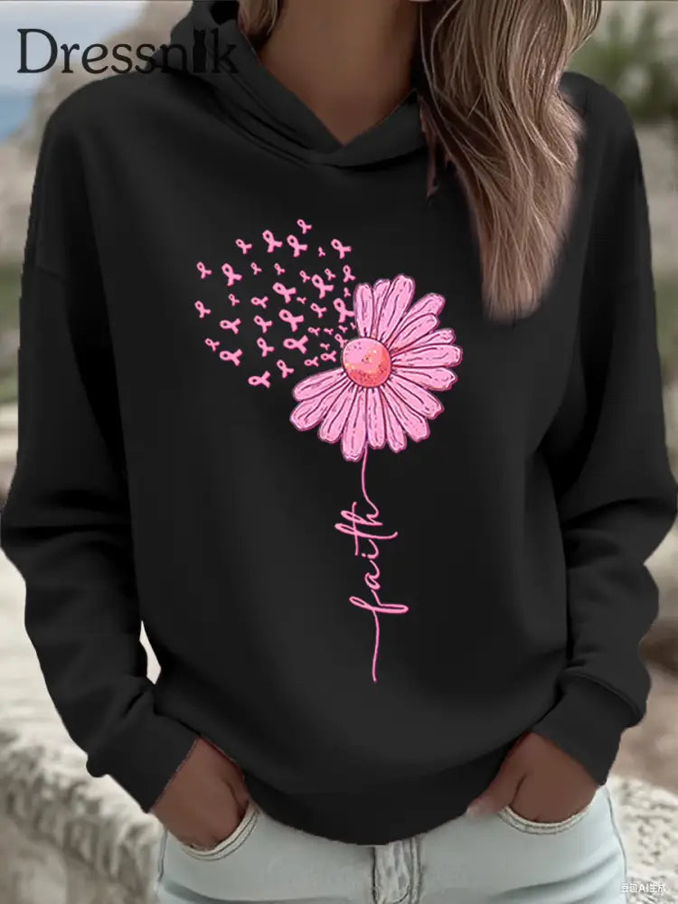 Frauen rosa Band Sonnenblume Glaube Brustkrebs Sensi bilisierung Sweatshirt Schwarz / S