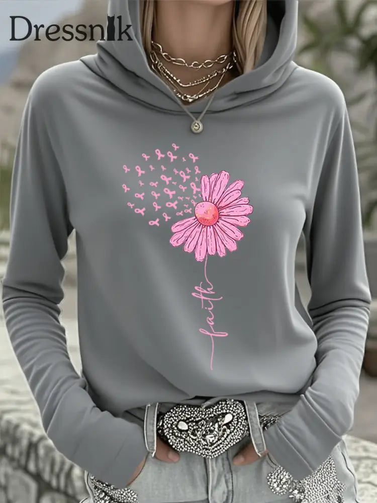 Frauen Rosa Band Sonnenblume Glauben Brustkrebs Sensi bilisierung Unterstützung Kapuzen oberteil Grau / S