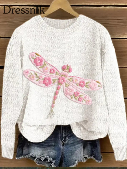 Frauen Rosa Blumen Libelle Bestickte Strick pullover A / S