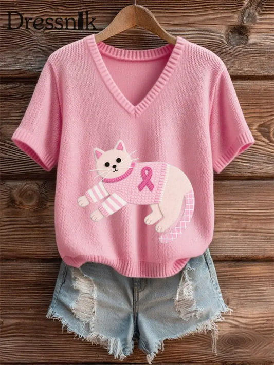 Frauen Rosa Brustkrebs Bewusstsein Kätzchen T Shirt Rosa / S
