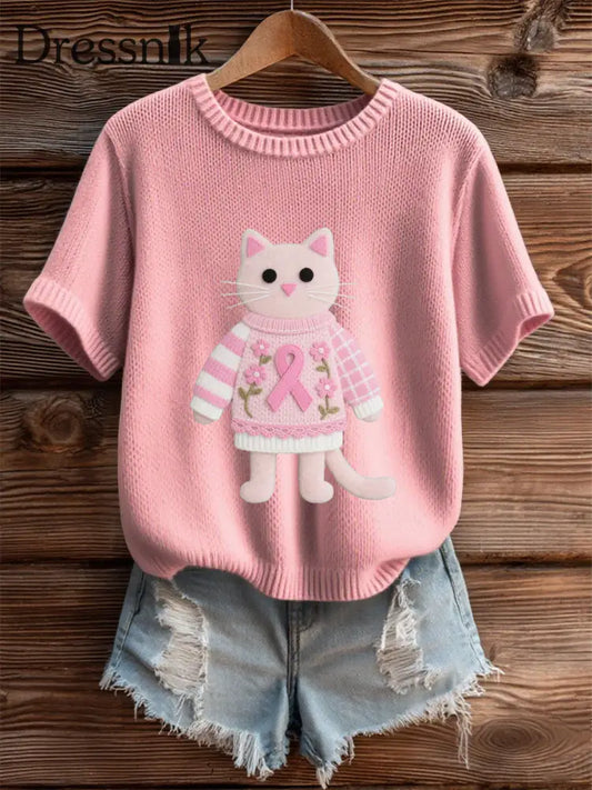 Frauen Rosa Brustkrebs Bewusstsein Kätzchen T Shirt Rosa / S