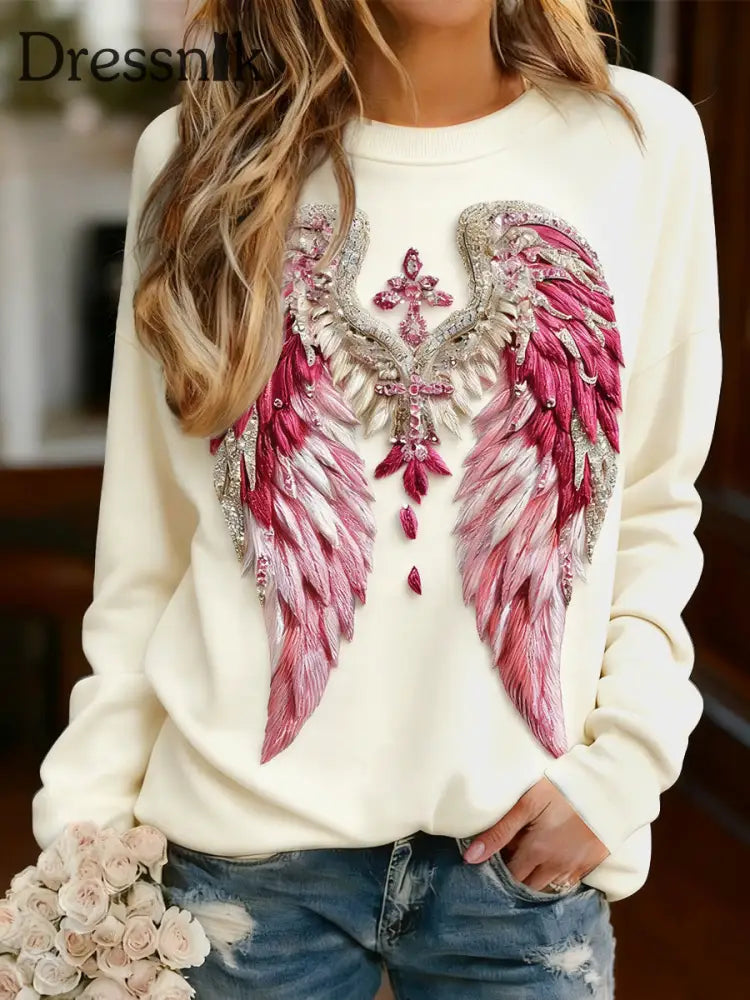 Frauen Rosa Engels flügel 3D gedruckt lässig lang ärmelig T-Shirt hellgelb / S