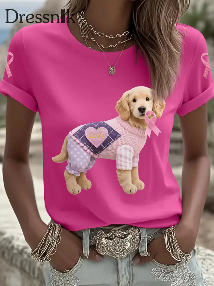 Frauen Rosa Hund Rosa Band Brustkrebs Sensi bilisierung T Shirt Rosenrot / S