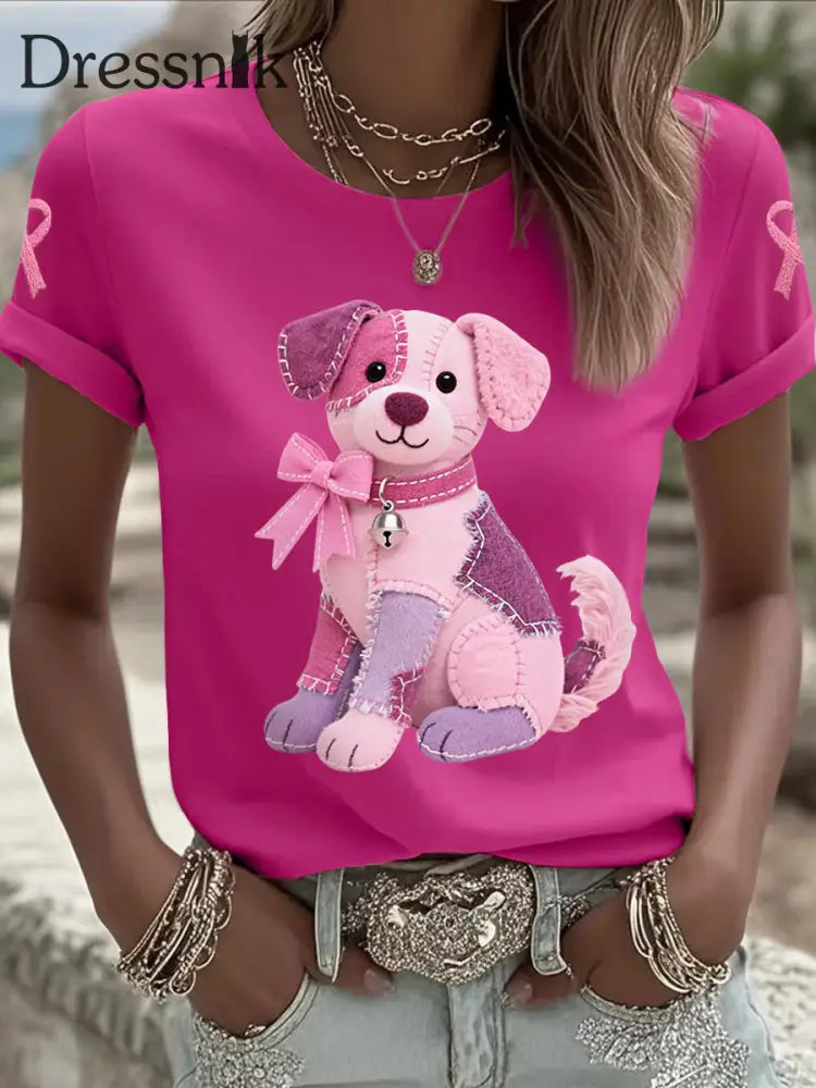 Frauen Rosa Hund Rosa Band Brustkrebs Sensi bilisierung T Shirt Rosenrot / S