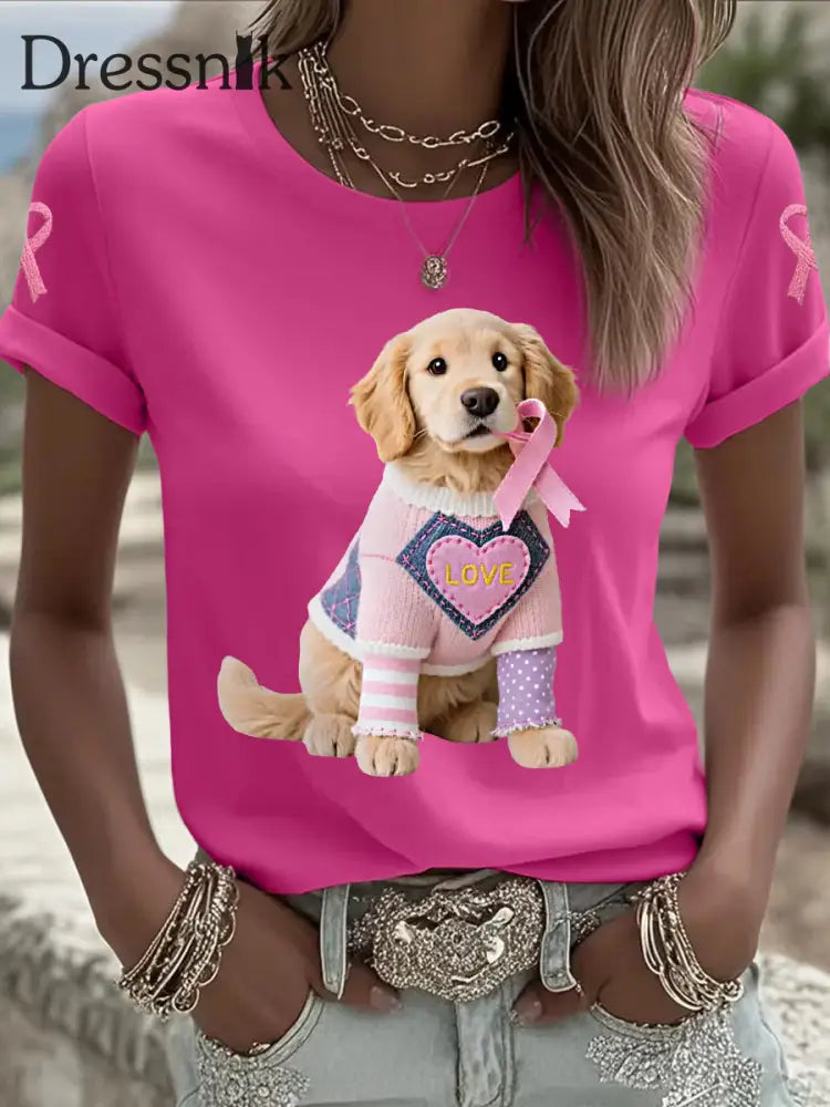 Frauen Rosa Hund Rosa Band Brustkrebs Sensi bilisierung T Shirt Rosenrot / S