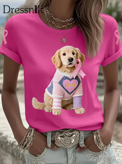 Frauen Rosa Hund Rosa Band Brustkrebs Sensi bilisierung T Shirt Rosenrot / S