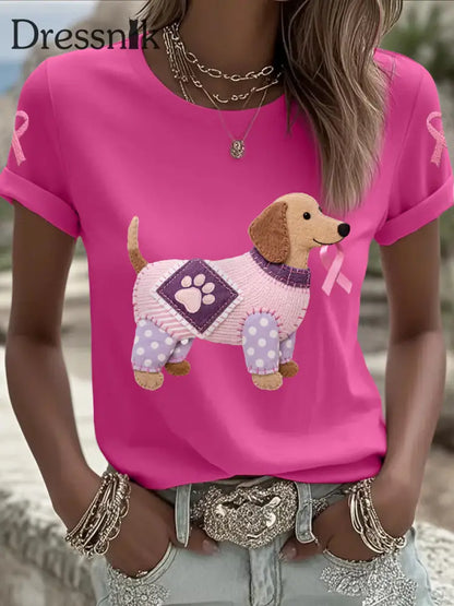 Frauen Rosa Hund Rosa Band Brustkrebs Sensi bilisierung T Shirt Rosenrot / S