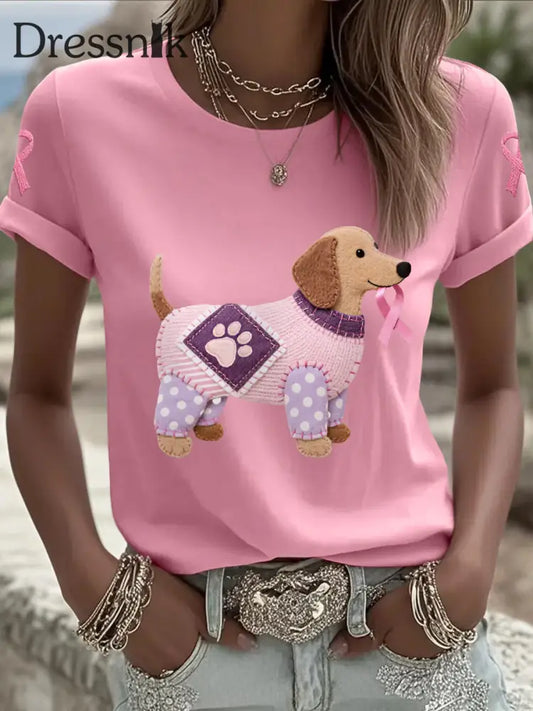 Frauen Rosa Hund Rosa Band Brustkrebs Sensi bilisierung T Shirt Rosa / S
