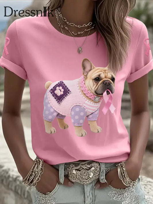 Frauen Rosa Hund Rosa Band Brustkrebs Sensi bilisierung T Shirt Rosa / S