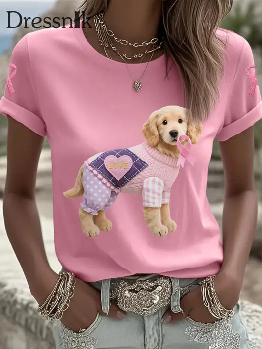Frauen Rosa Hund Rosa Band Brustkrebs Sensi bilisierung T Shirt Rosa / S