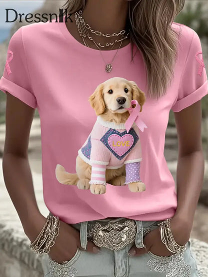 Frauen Rosa Hund Rosa Band Brustkrebs Sensi bilisierung T Shirt Rosa / S
