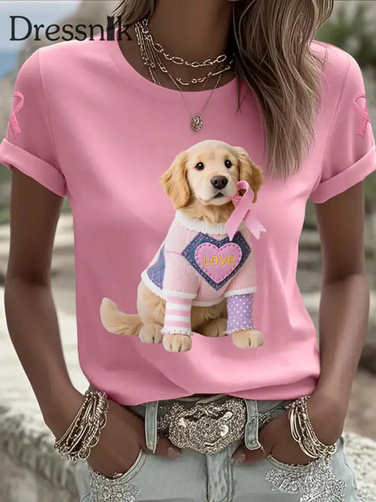 Frauen Rosa Hund Rosa Band Brustkrebs Sensi bilisierung T Shirt Rosa / S
