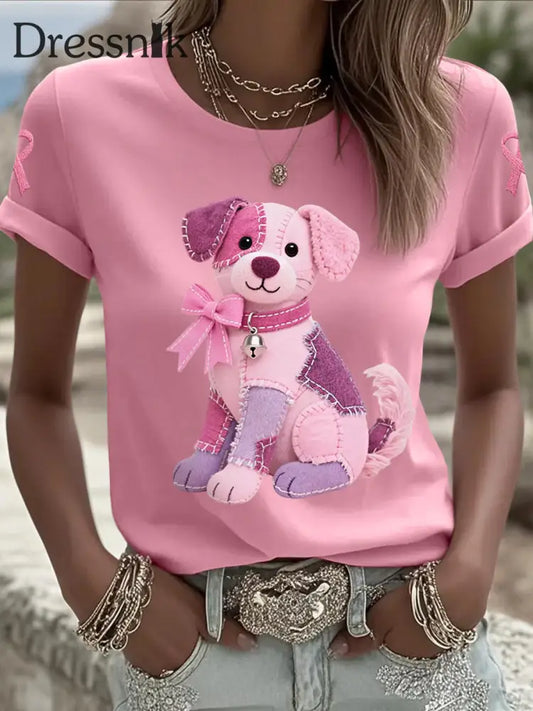 Frauen Rosa Hund Rosa Band Brustkrebs Sensi bilisierung T Shirt Rosa / S
