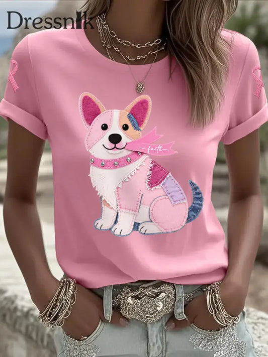 Frauen Rosa Hund Rosa Band Brustkrebs Sensi bilisierung T Shirt Rosa / S