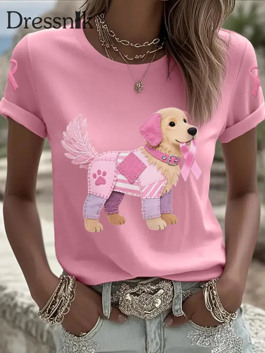 Frauen Rosa Hund Rosa Band Brustkrebs Sensi bilisierung T Shirt Rosa / S