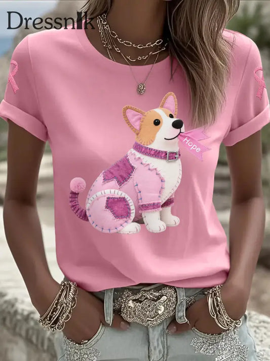 Frauen Rosa Hund Rosa Band Brustkrebs Sensi bilisierung T Shirt Rosa / S