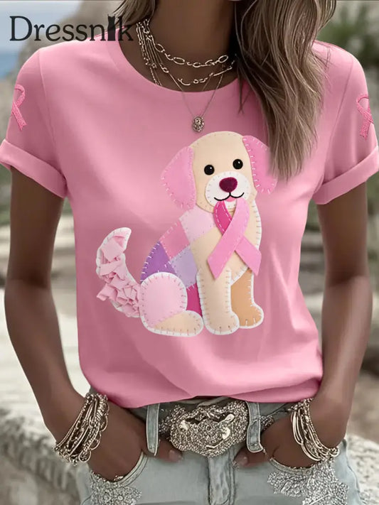 Frauen Rosa Hund Rosa Band Brustkrebs Sensi bilisierung T Shirt Rosa / S
