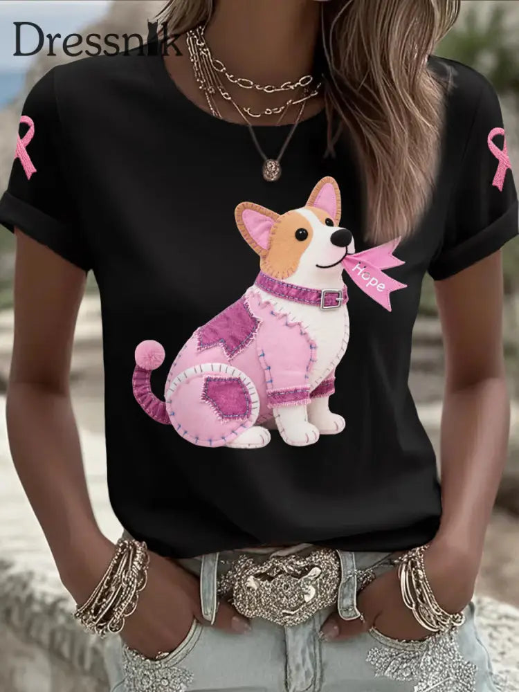 Frauen Rosa Hund Rosa Band Brustkrebs Sensi bilisierung T Shirt Schwarz / S