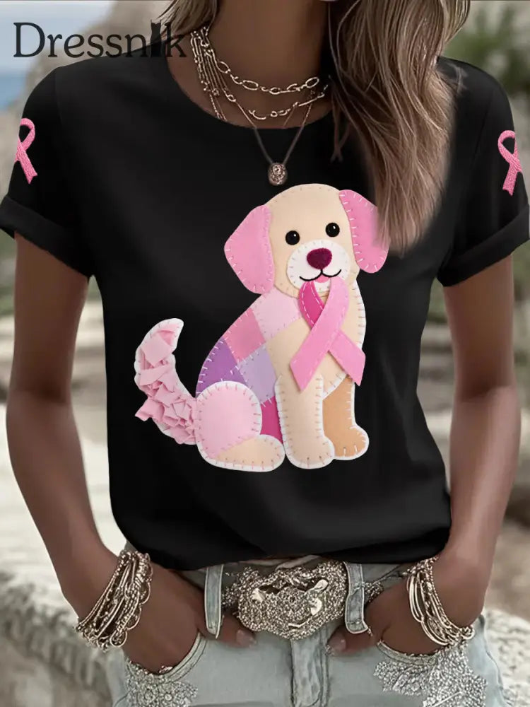 Frauen Rosa Hund Rosa Band Brustkrebs Sensi bilisierung T Shirt Schwarz / S