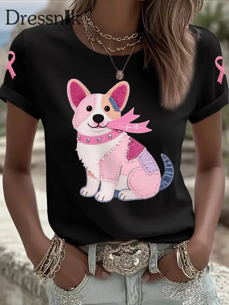 Frauen Rosa Hund Rosa Band Brustkrebs Sensi bilisierung T Shirt Schwarz / S