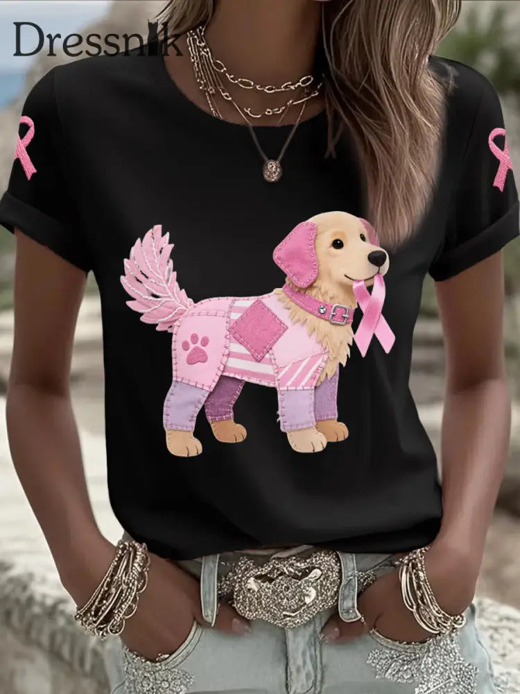 Frauen Rosa Hund Rosa Band Brustkrebs Sensi bilisierung T Shirt Schwarz / S