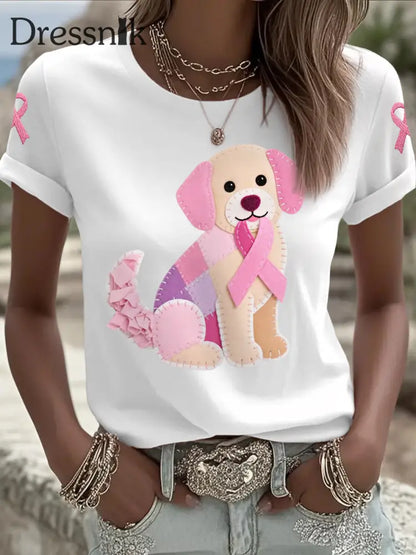 Frauen Rosa Hund Rosa Band Brustkrebs Sensi bilisierung T Shirt Weiß / S