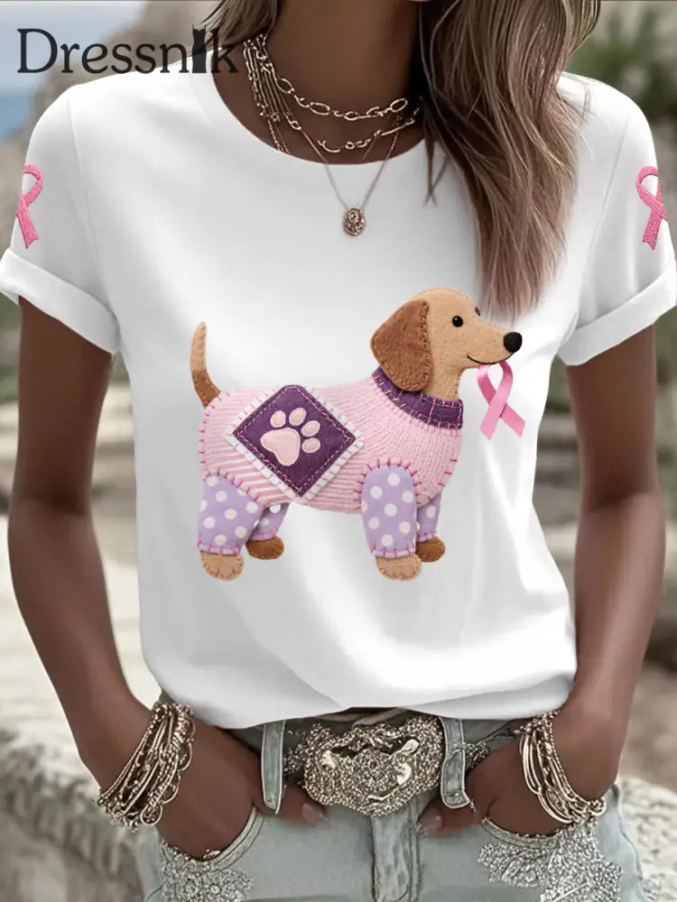 Frauen Rosa Hund Rosa Band Brustkrebs Sensi bilisierung T Shirt Weiß / S