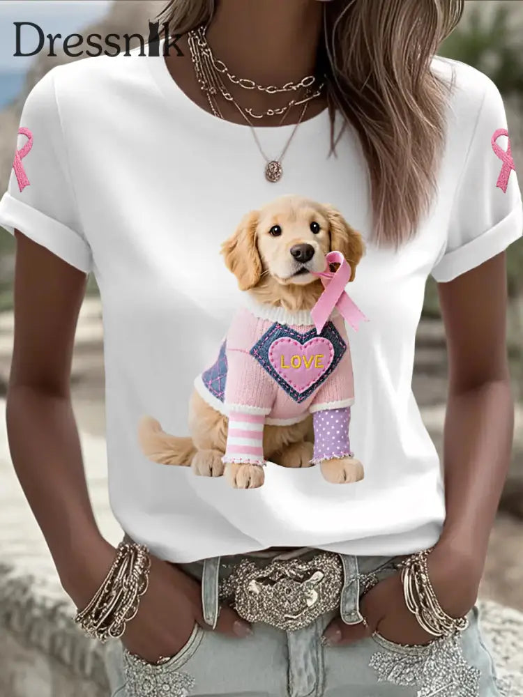 Frauen Rosa Hund Rosa Band Brustkrebs Sensi bilisierung T Shirt Weiß / S