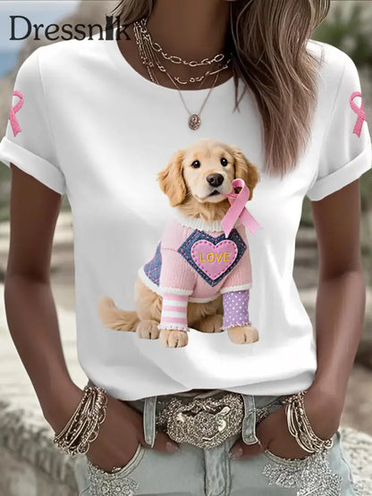 Frauen Rosa Hund Rosa Band Brustkrebs Sensi bilisierung T Shirt Weiß / S