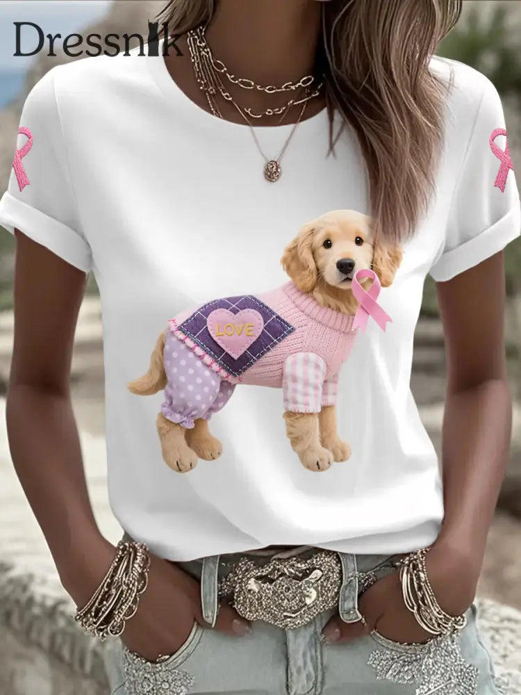 Frauen Rosa Hund Rosa Band Brustkrebs Sensi bilisierung T Shirt Weiß / S