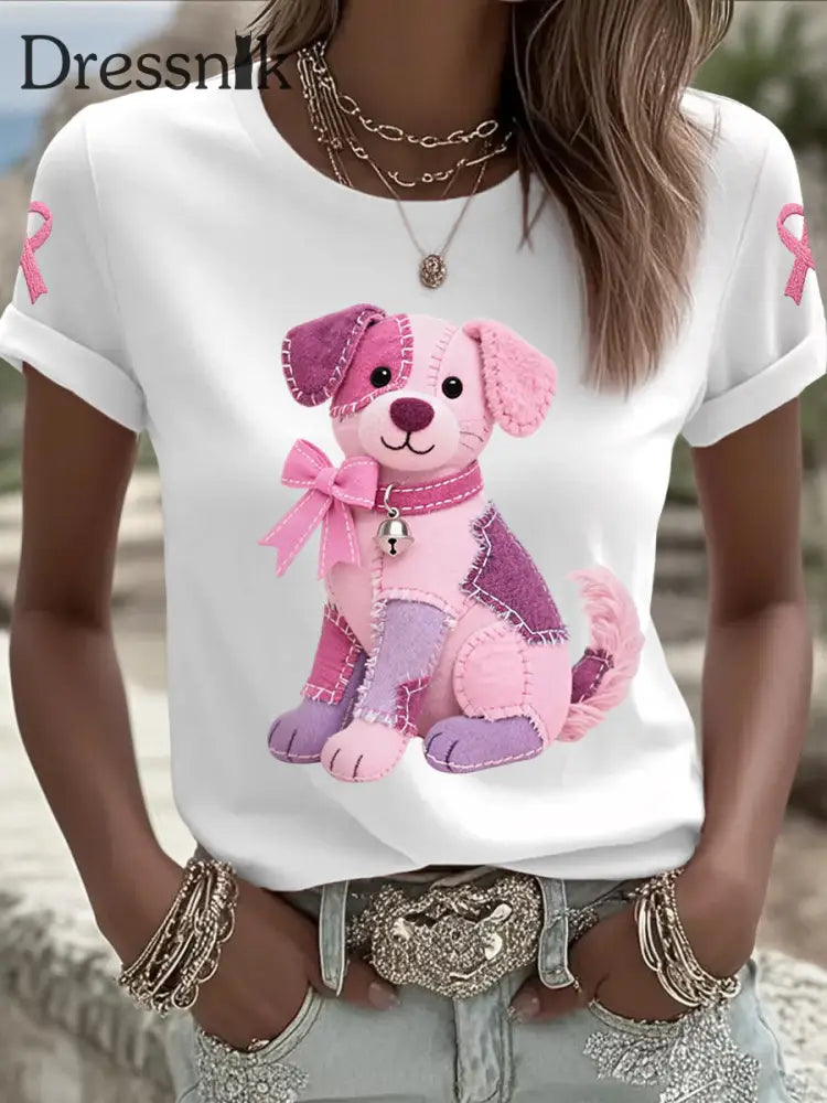 Frauen Rosa Hund Rosa Band Brustkrebs Sensi bilisierung T Shirt Weiß / S