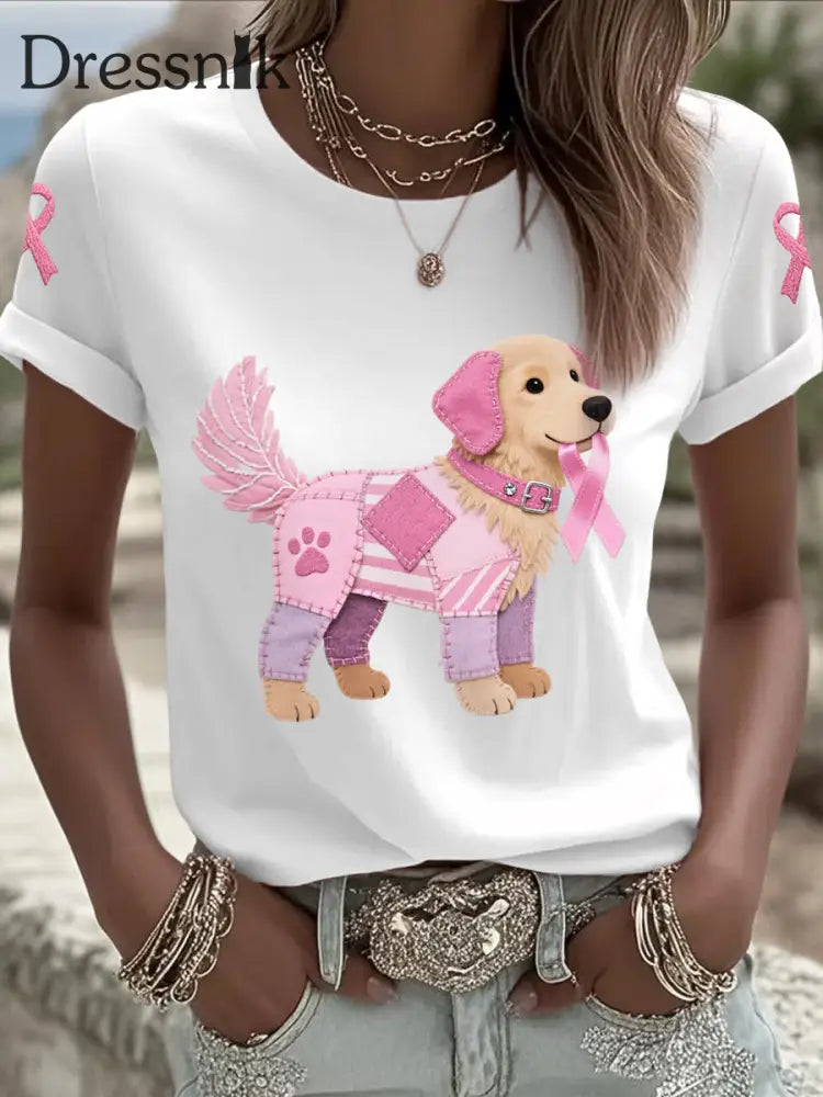 Frauen Rosa Hund Rosa Band Brustkrebs Sensi bilisierung T Shirt Weiß / S