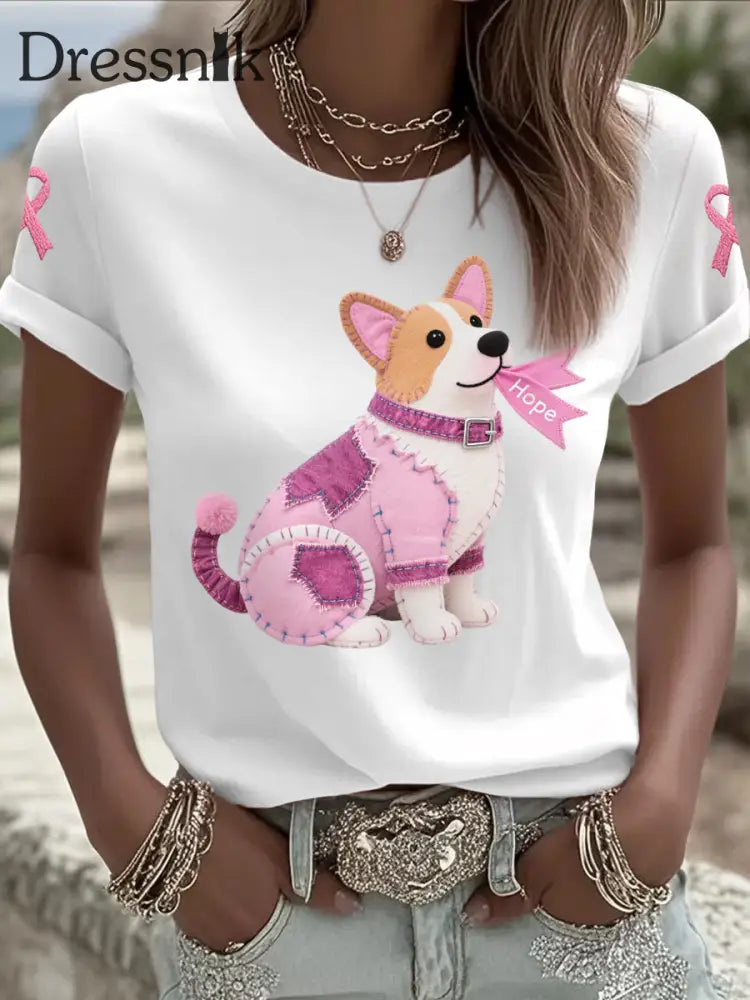 Frauen Rosa Hund Rosa Band Brustkrebs Sensi bilisierung T Shirt Weiß / S