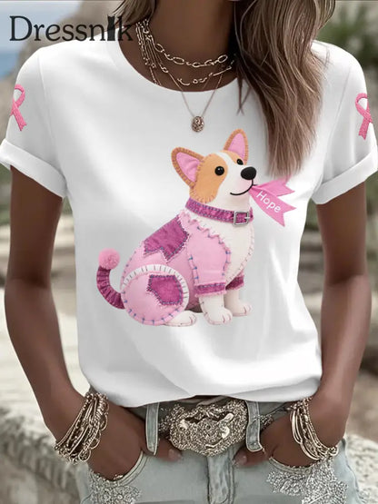 Frauen Rosa Hund Rosa Band Brustkrebs Sensi bilisierung T Shirt Weiß / S