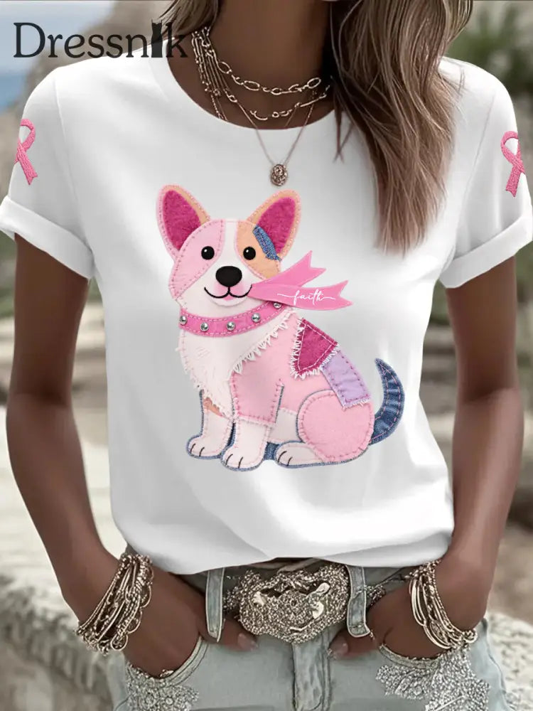 Frauen Rosa Hund Rosa Band Brustkrebs Sensi bilisierung T Shirt Weiß / S