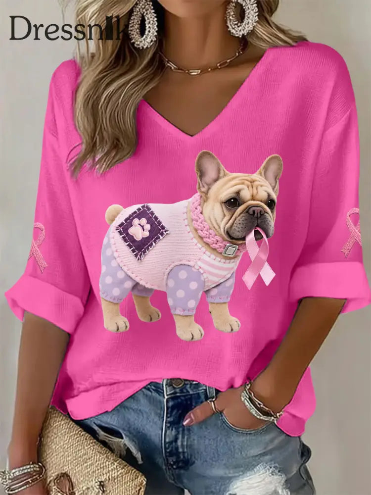Frauen Rosa Hund Rosa Band Brustkrebs Sensi bilisierung Unterstützung Langarm Top Rosenrot / S