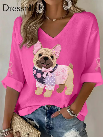 Frauen Rosa Hund Rosa Band Brustkrebs Sensi bilisierung Unterstützung Langarm Top Rosenrot / S