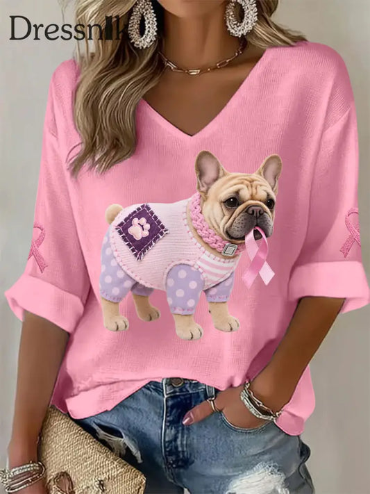 Frauen Rosa Hund Rosa Band Brustkrebs Sensi bilisierung Unterstützung Langarm Top Rosa / S