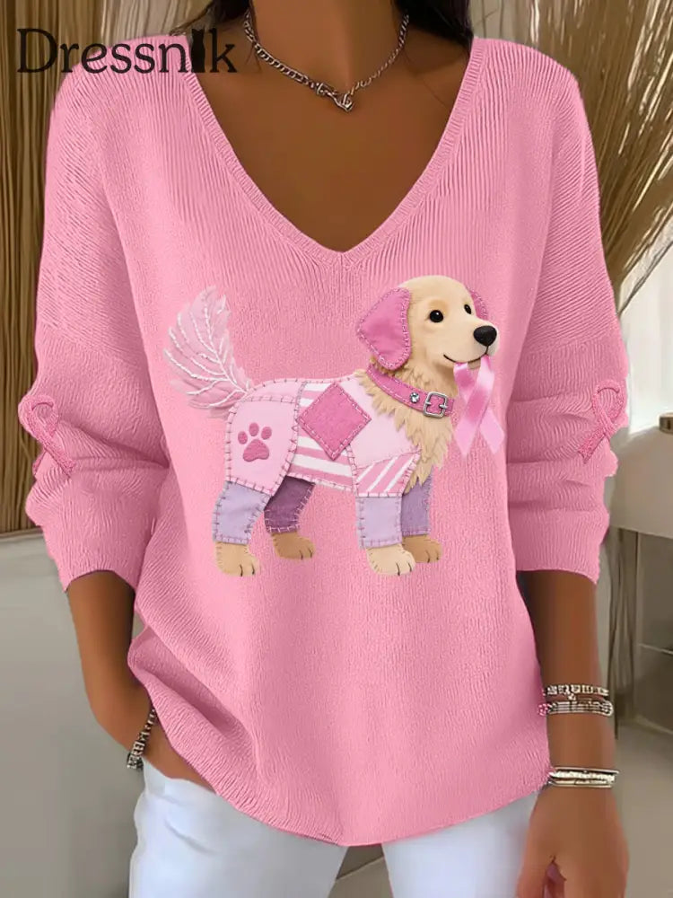 Frauen Rosa Hund Rosa Band Brustkrebs Sensi bilisierung Unterstützung Langarm Top Rosa / S