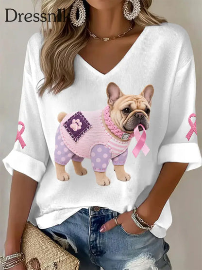 Frauen Rosa Hund Rosa Band Brustkrebs Sensi bilisierung Unterstützung Langarm Top Weiß / S