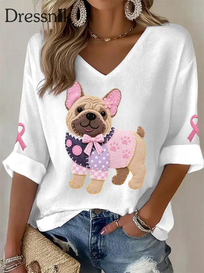 Frauen Rosa Hund Rosa Band Brustkrebs Sensi bilisierung Unterstützung Langarm Top Weiß / S