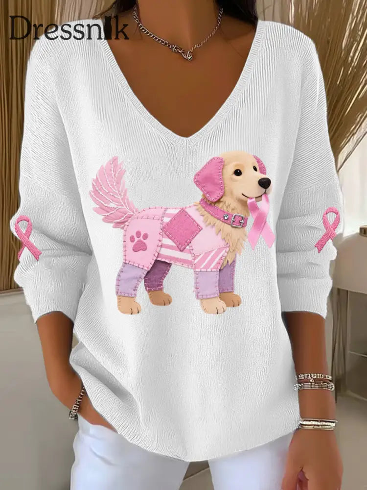 Frauen Rosa Hund Rosa Band Brustkrebs Sensi bilisierung Unterstützung Langarm Top Weiß / S