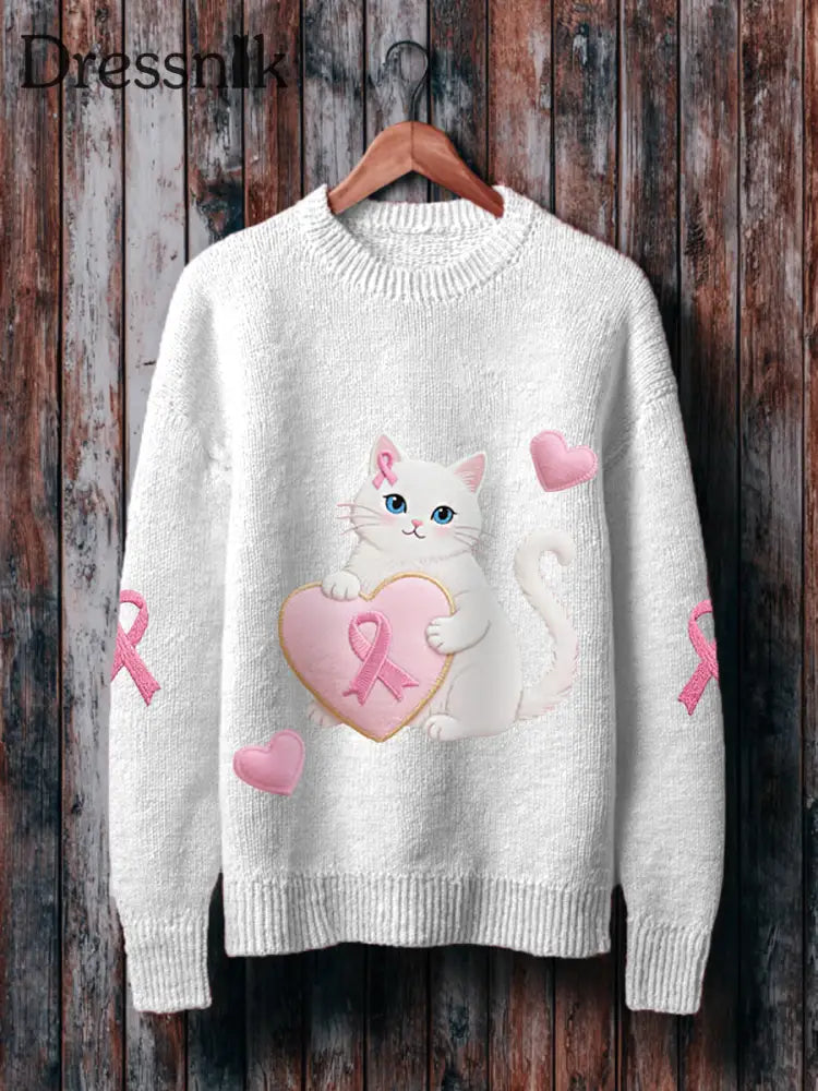 Frauen Rosa Katze Rosa Band Brustkrebs Sensi bilisierung Pullover Weiß / S