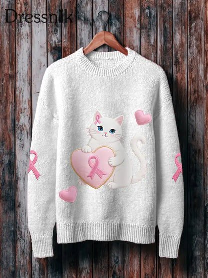 Frauen Rosa Katze Rosa Band Brustkrebs Sensi bilisierung Pullover Weiß / S