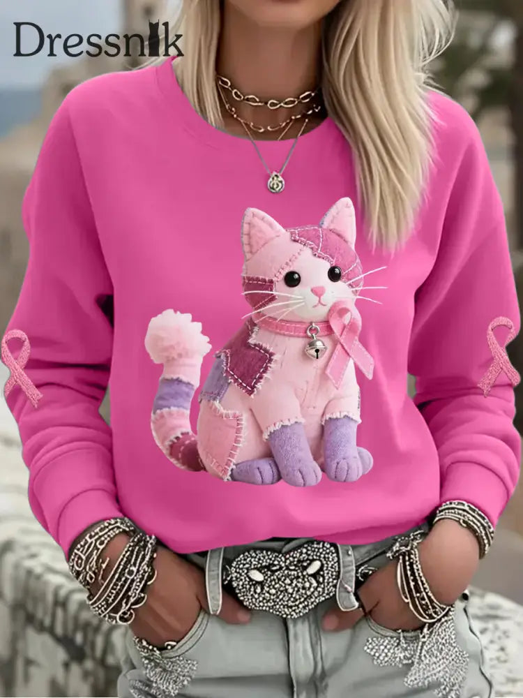 Frauen Rosa Katze Rosa Band Brustkrebs Sensi bilisierung Sweatshirt Rosenrot / S