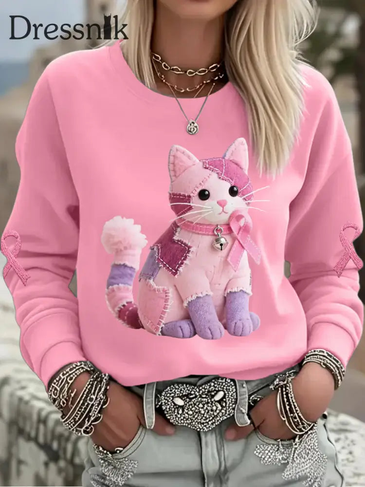 Frauen Rosa Katze Rosa Band Brustkrebs Sensi bilisierung Sweatshirt Rosa / S